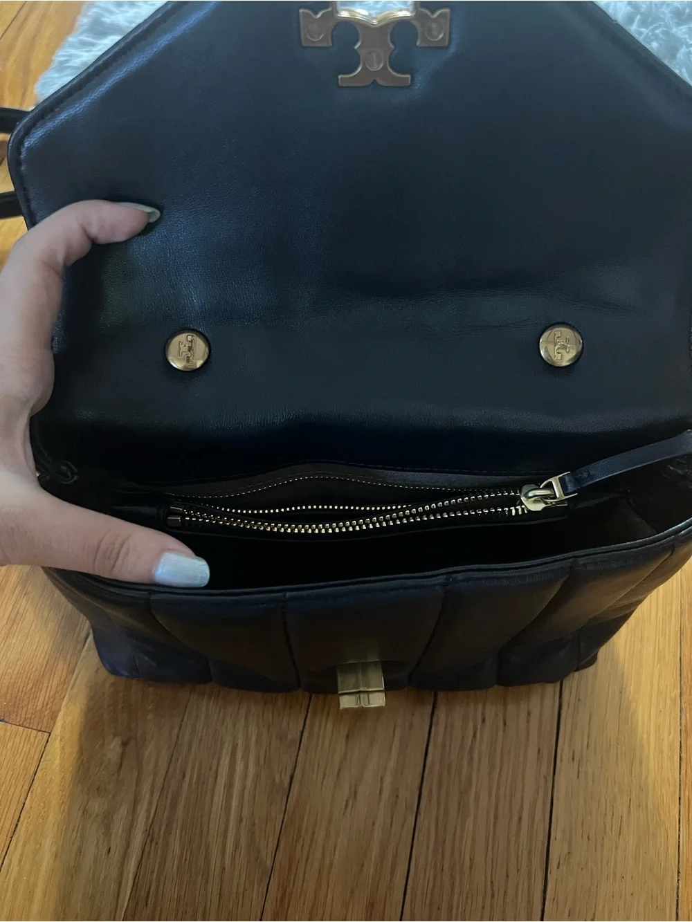 Tory Burch Black Quilted Leather Crossbody with Gold Logo with Top Handle